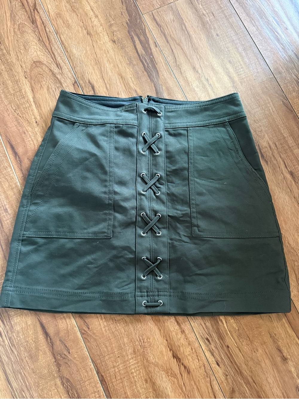 Express Olive Green Lace-Up Front Mini Skirt
